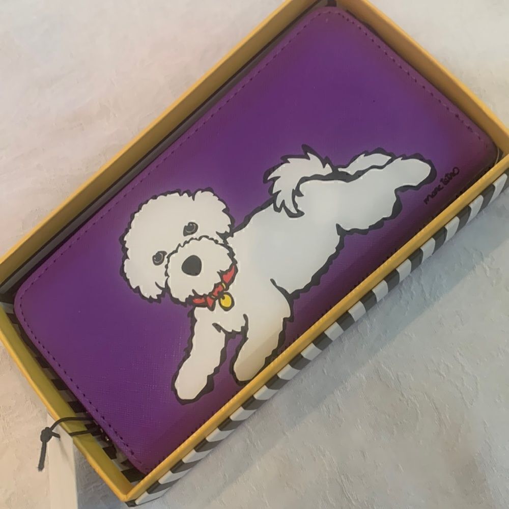 Marc Tetro Wallet Zip Around Vegan Purple Bichon Frisse Dog